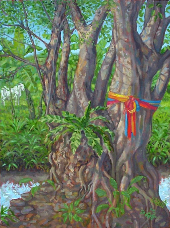 Landscape, oil on canvas. The sacred Bo tree and gurgling stream behind the house. 